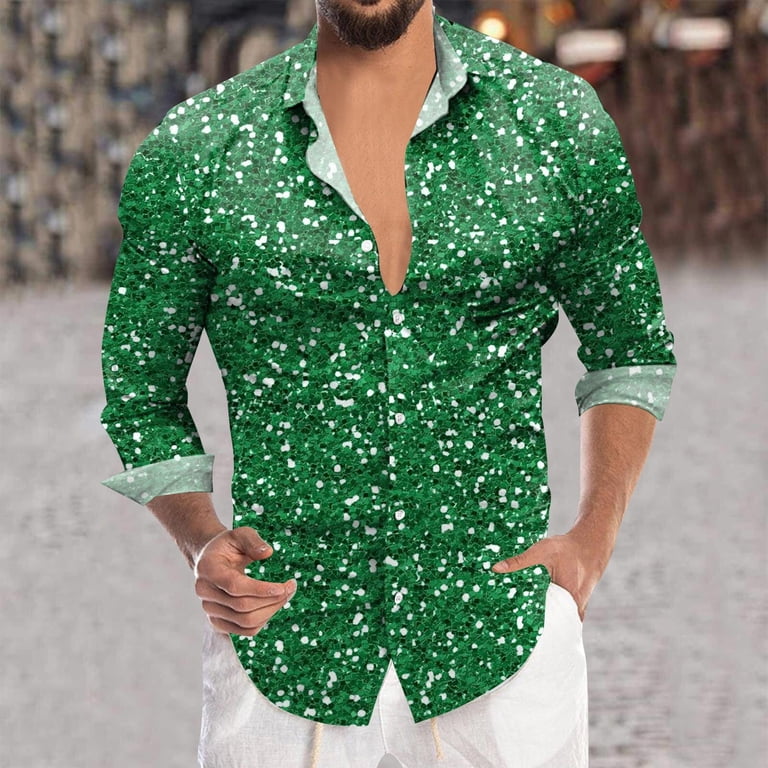 Hpapadks Mens Shirt Long Sleeve Carnival Sequin Digital 3D Print Lapel  Button Down Top Loose Mens Dress Shirt Green XL - Walmart.com