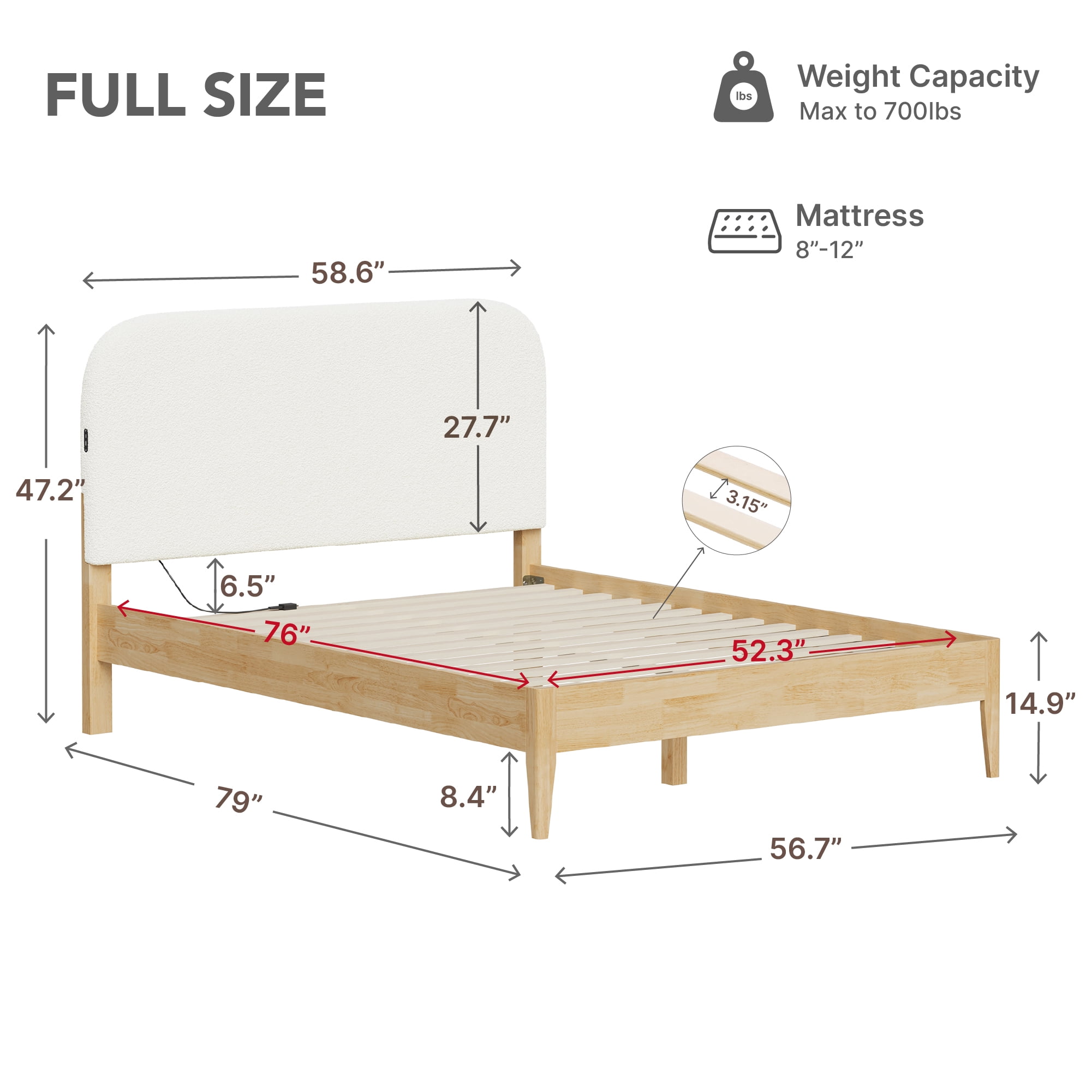Spruce & Spring Mid-Century Modern Upholstered Platform Bed with USB Charging, Boucle Headboard, No Box Spring Needed, Full Size Bed Frame, Cream