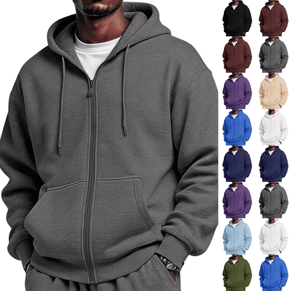 Fleece Zip Up Hoodie Men Long Sleeve Fall Winter Lightweight Plain Hooded Sweatshirts Trendy Casual Jacket With Pockets Gray S