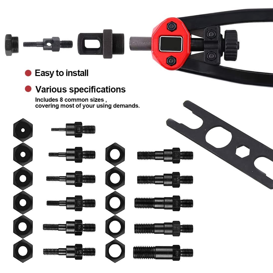 iMeshbean Rivet Nut Tool, 13" Hand Rivet Nut Tool with 11PCS Mandrel Metric M3 M4 M5 M6 M8 M10 M12; SAE 10-24, 1/4-20, 5/16-18, 3/8-16, Ergonomically Design, Rivet Nut Setter Kit