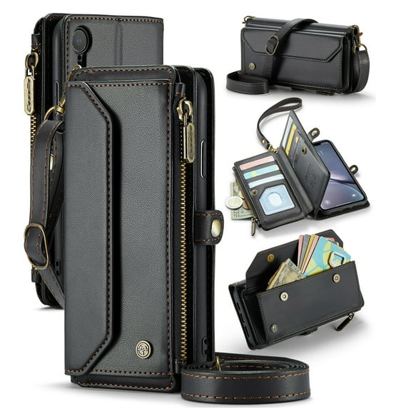 ShellTech Crossbody Wallet Women Men Bag Case for iPhone XR,Magnetic Leather Flip Case RFID Blocking 10-Card Holder Zipper Bills Slot Cash Pocket Stand Cover with Shoulder Wrist Strap,Black