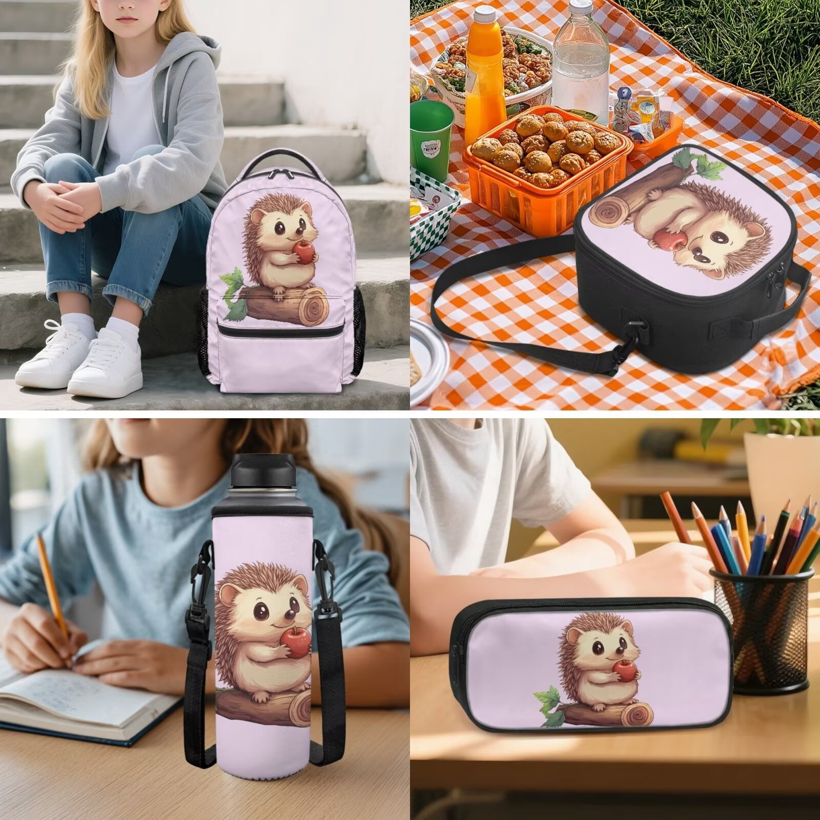 Pzuqiu Cute Hedgehog Kids Backpack and Lunch Box 5pcs Lightweight School Backpack Set for Girls Boys Includes Pencil Case Bottle Holder Keychain for Daily School Use