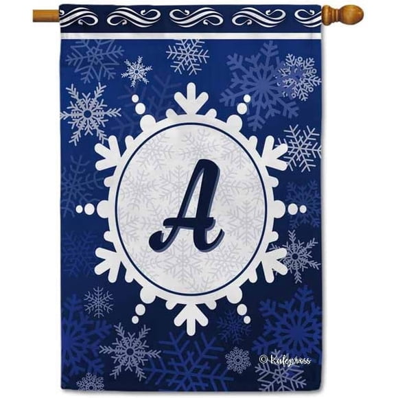 Monogramme Flocon de Neige d'Hiver Bienvenue, Drapeau de Maison Décoratif, Lettre Initiale, Bannière de Décoration pour Intérieur et Extérieur 28x40 Pouces Double Face
