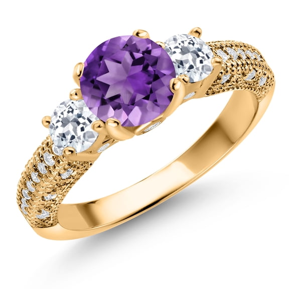 Gem Stone King 18K Yellow Gold Plated Silver Purple Amethyst White Topaz and White Moissanite Engagement Ring for Women (1.94 Cttw, Gemstone February Birthstone, Round 7MM and 4MM, Size 5)