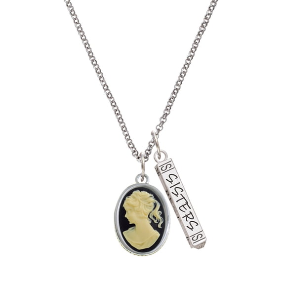 Delight Jewelry Silvertone Small Black Oval Cameo Silvertone Sisters Best Friends Forever Bar Charm Necklace, 23"