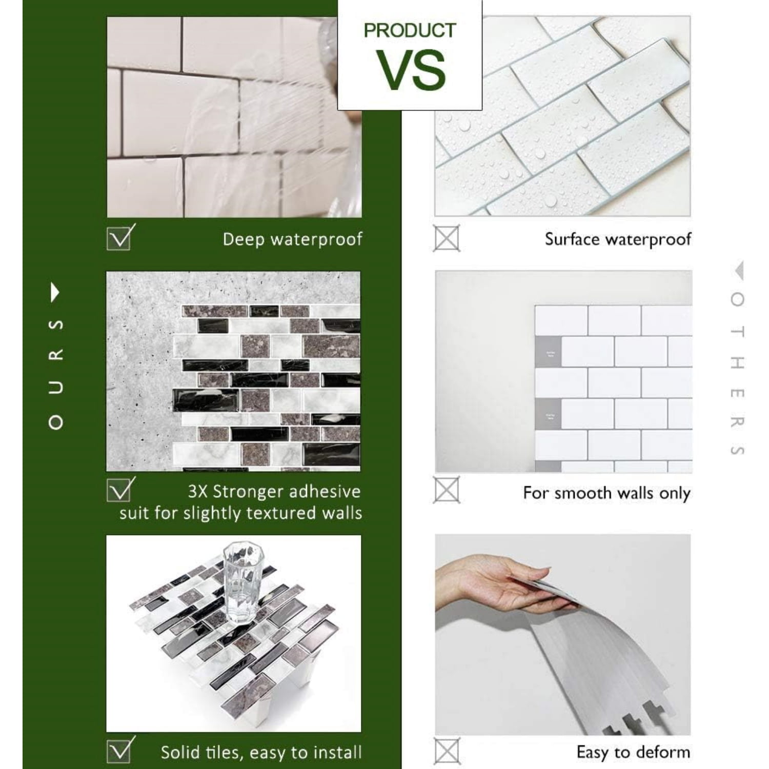 10-Sheet Marble Look Peel and Stick Tiles, Decorative Self Adhesive Kitchen Backsplash in Granite (Pack of 10, Thicker Design)