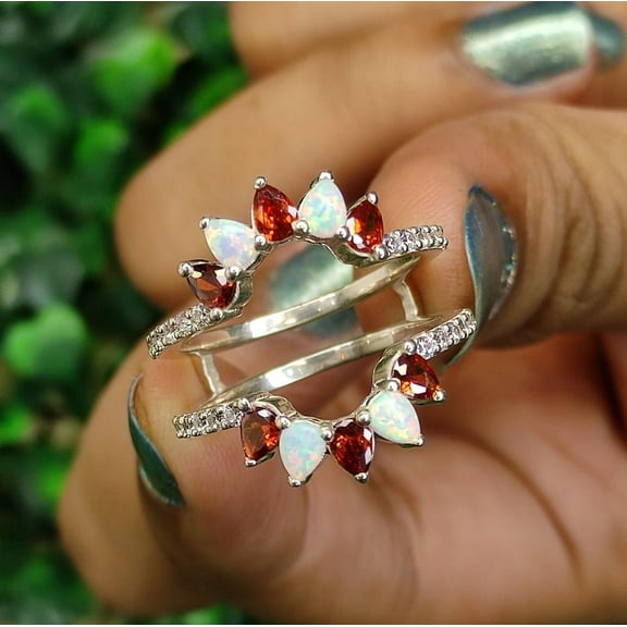 Pear Cut Garnet & Opal Ring Enhancer in 925 Sterling Silver - Genuine Birthstone Ring Guard - Gift For Mum