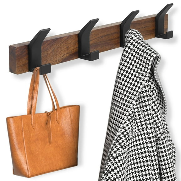 Coat Rack Wall Mount 15.7 Inches Walnut Wood Coat Hooks Coat Rack Wall Mount with 4 Hooks Black Aluminum Coat Hooks for Hanging Coat Hat Bag Hat Rustproof Coat Hanger