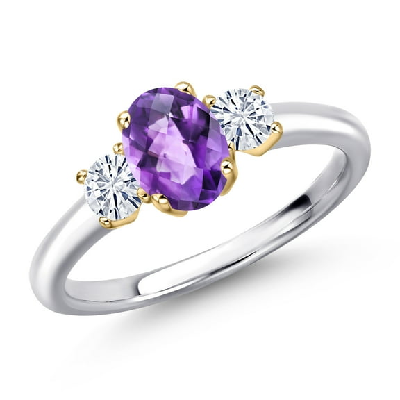 Gem Stone King 10K Two Tone Gold Purple Amethyst and White Moissanite Engagement Ring for Women | 1.07 Cttw | Oval Checkerboard 7X5MM | Gemstone February Birthstone | Size 7