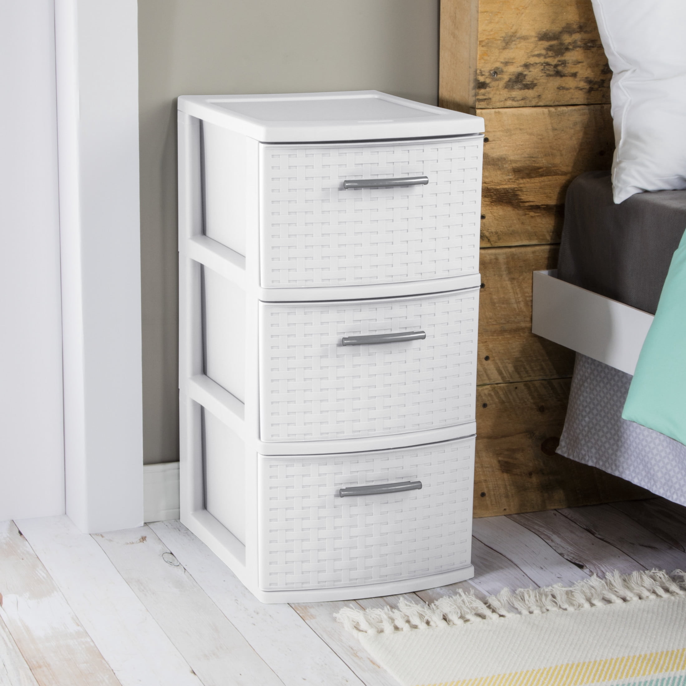 Sterilite 3 Drawer Weave Tower, Plastic Décor Drawers with Pull Handles, White
