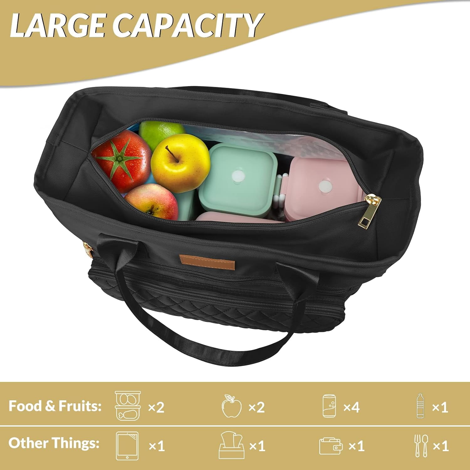 Large Women Lunch Bags for Work Insulated/Insulated Adult Lunch Box for Women/Durable Nylon Thermal Lunch Bag for Women/Leakproof Cooler Lunch Tote Bag with Storage Pocket (Black)