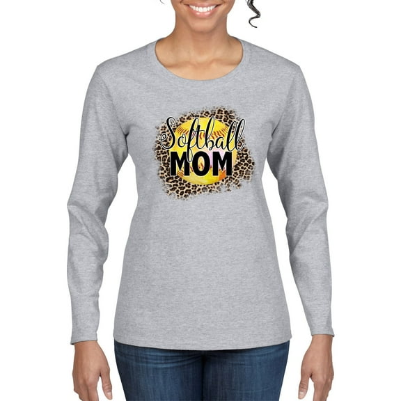Softball Mom Animal Print Girl Sports Womens Graphic Long Sleeve T-Shirt, Heather Grey, Small