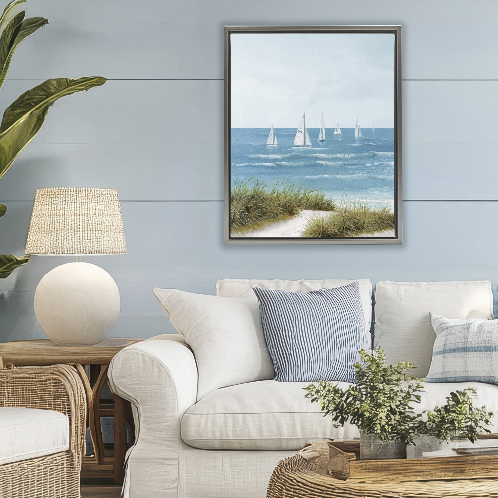 Stupell Industries Sail Away Beach Seascape Gray Framed Floater Canvas Wall Art, design by Lorenzo Collective