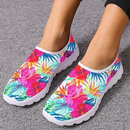 

Colorful Tropical Flower With Bird of Paradise Painting Flat Shoes for Lady Light Soft Mesh Sneakers Slip-on Loafers