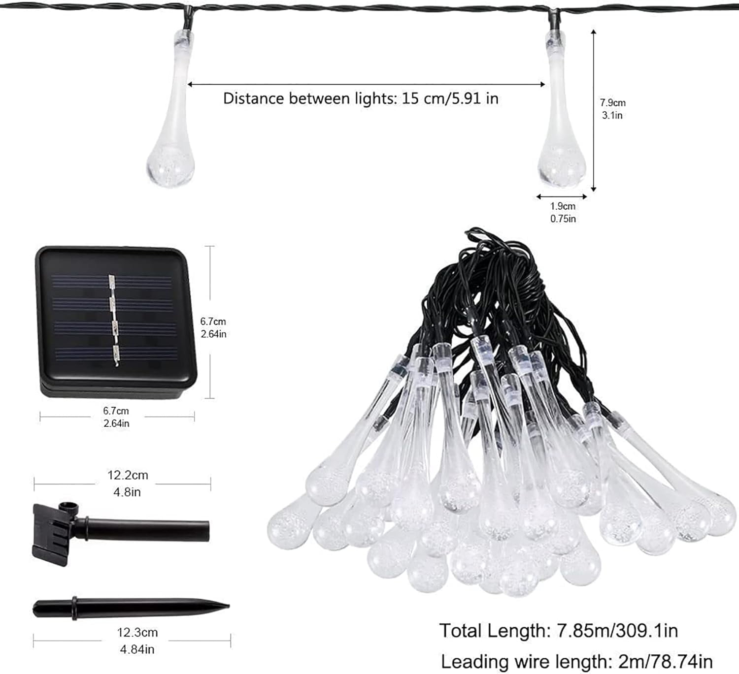 Solar String Lights Outdoor 20ft 30LEDs Water Drop Fairy Garden Lights Waterproof 8 Modes Raindrop Festival Decorative Lighting for Terrace Patio Gazebo Christmas Party Wedding