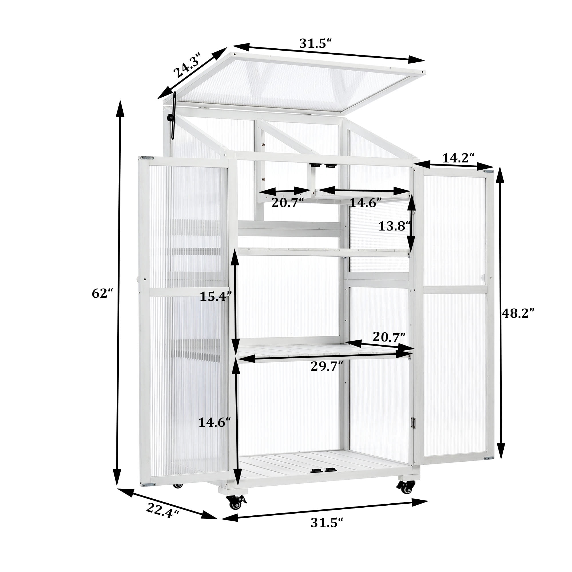 62" Height Wood Large Greenhouse Balcony Portable Cold Frame with Wheels and Adjustable Shelves, Portable Greenhouse with Openable Roof for Outdoor Indoor, Patio and Garden, 31.5"Lx22.4"Wx62"H