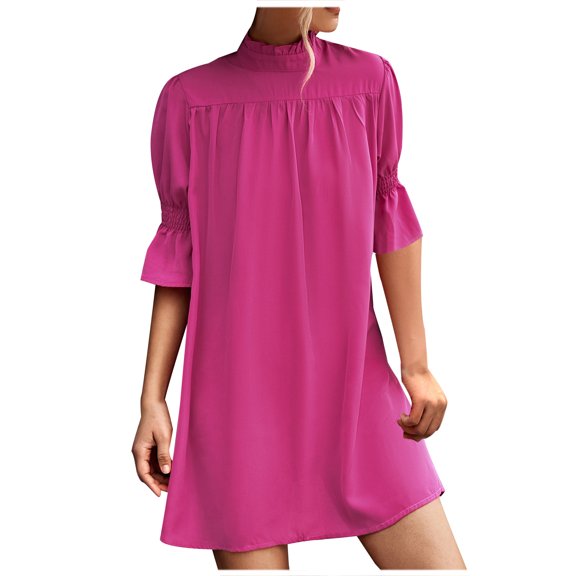 Wycnly Dresses for Women Fashion Lantern Sleeve Smocked Loose Tshirt Mini Sundresses Half High Neck Elbow-Length Solid Summer Short Formal Dress Hot Pink l