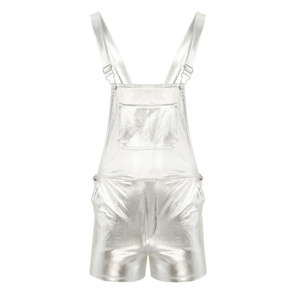 Kvysinly Mens Shiny Metallic Bib Overall Shorts Casual Jumpsuits Suspender Dungaree Rompers Walkshort Silver S