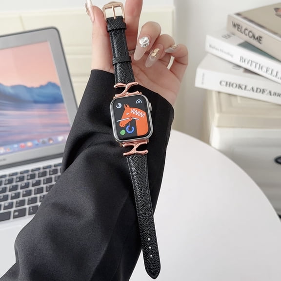 Thin X-Shape Lichee Texture Genuine Leather Band Compatible with Apple Watch 42(Series 1/2/3)/44/45/46/49mm Women Girls, Repalcement Wristband for iWatch Series 10 9 8 7 6 5 4 3 2 1 SE Ultra, Black
