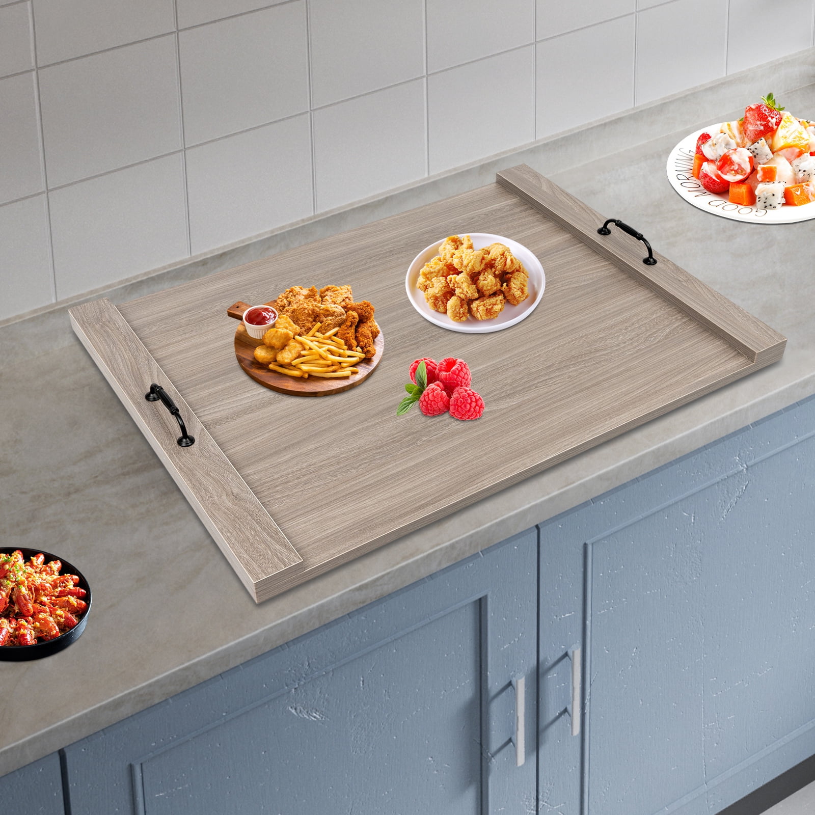 Stove Top Cover for Gas & Electric Stoves, 30"x22" Wood Noodle Board with Handles, Grey Melamine Countertop Extender for Kitchen Sink, RV, Apartment, Cutting Board Serving Tray