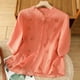 thumbnail image 2 of Camiseta vintage bordada de lino para mujer - Top informal holgado con cuello alto, 2 of 3