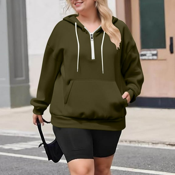 JUSLIO Plus Size Women Tops Zipper Solid Hoodies Fashion Long sleeve Hoodies Army Green 4XL