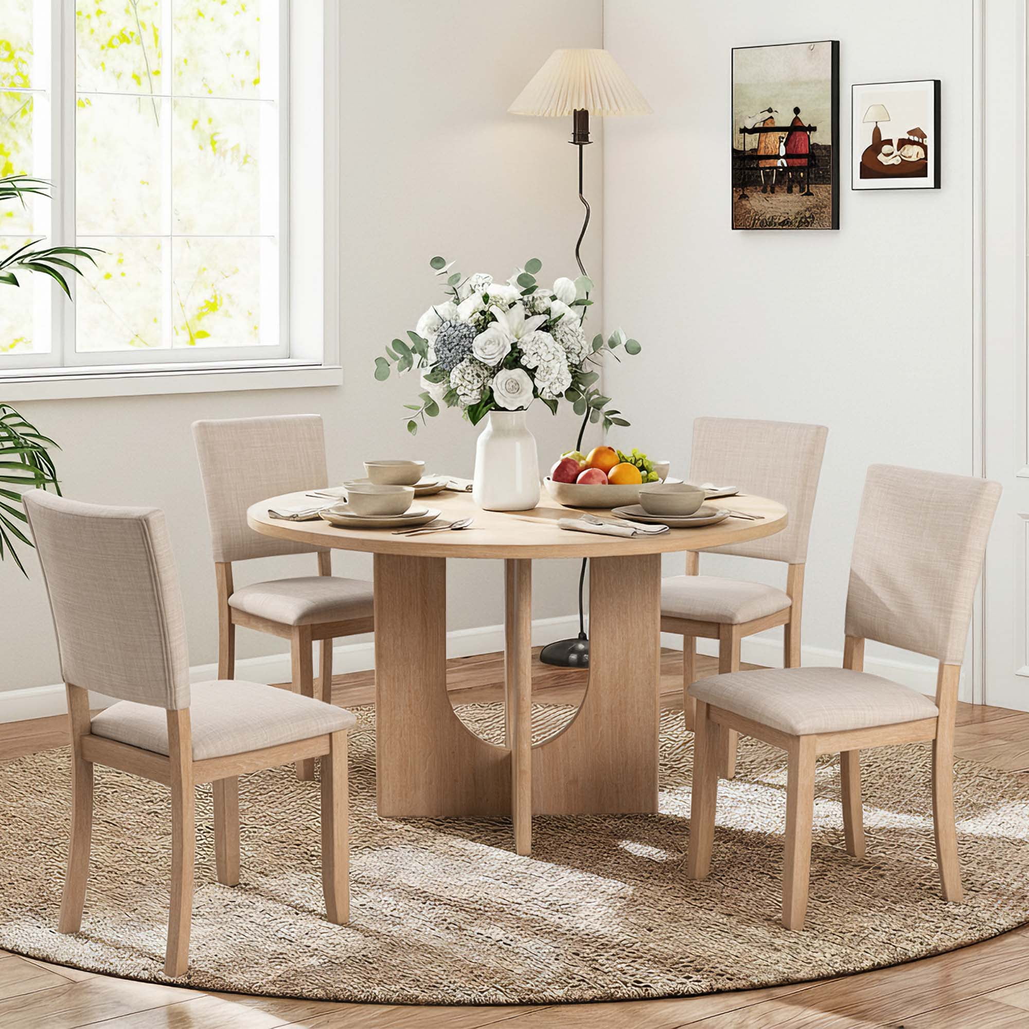 Aukfa Farmhouse Wood Light Oak Upholstered Round Dining Set, 5-Piece