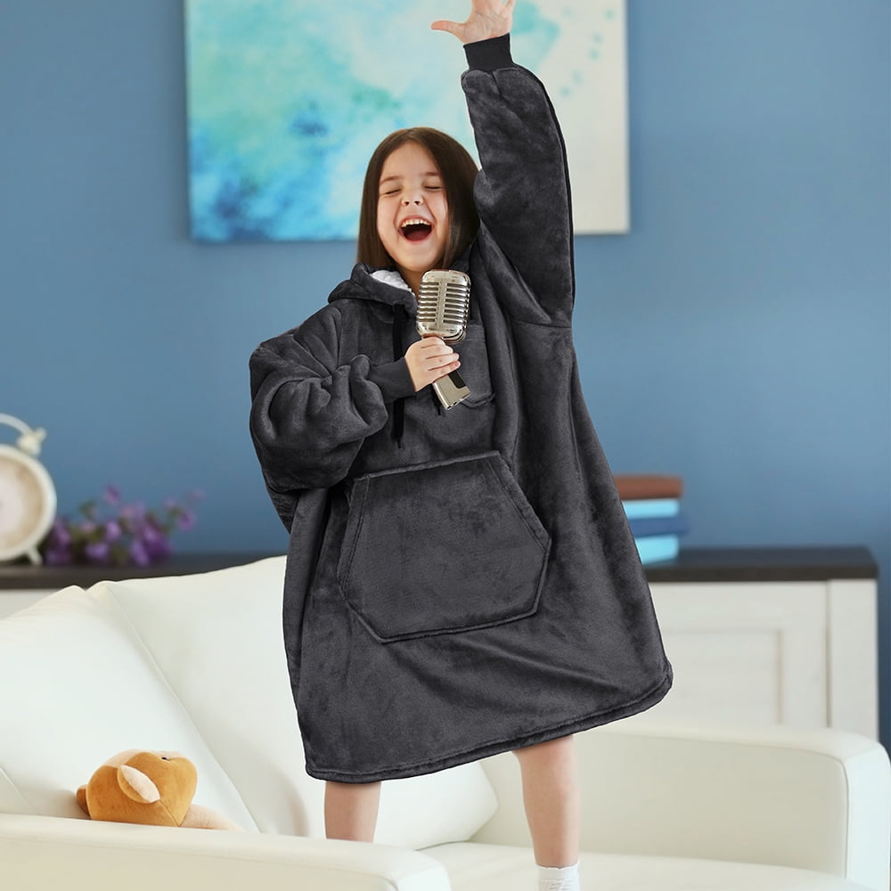PAVILIA Wearable Blanket Sweatshirt for Kids Boy Girl Dark Grey Charcoal, Warm Cozy Giant Blanket Hoodie, Fleece Sherpa Oversized Blanket Sweatshirt with Sleeves, Big Pocket, Christmas Gift