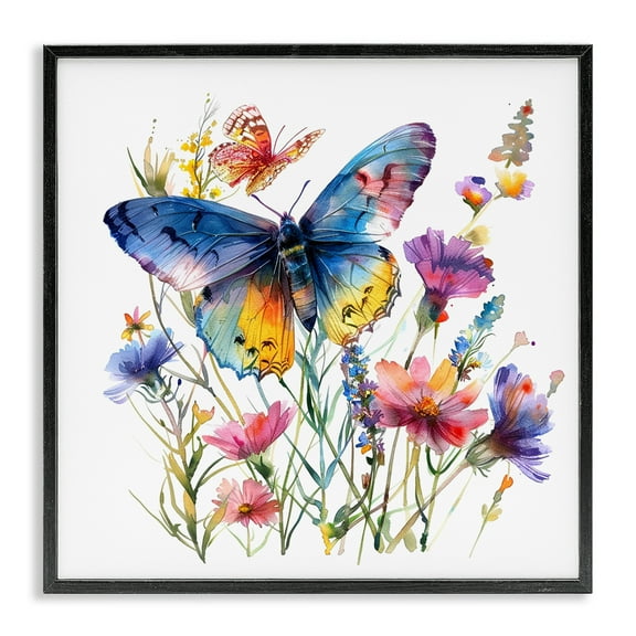 Stupell Industries Blue Toned Butterfly Garden Insects Painting Black Framed Art Print Wall Art, 12 x 12