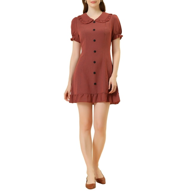 Unique Bargains Femmes Col Ébouriffé Casual Bouton Up Damier Robe Rouge S
