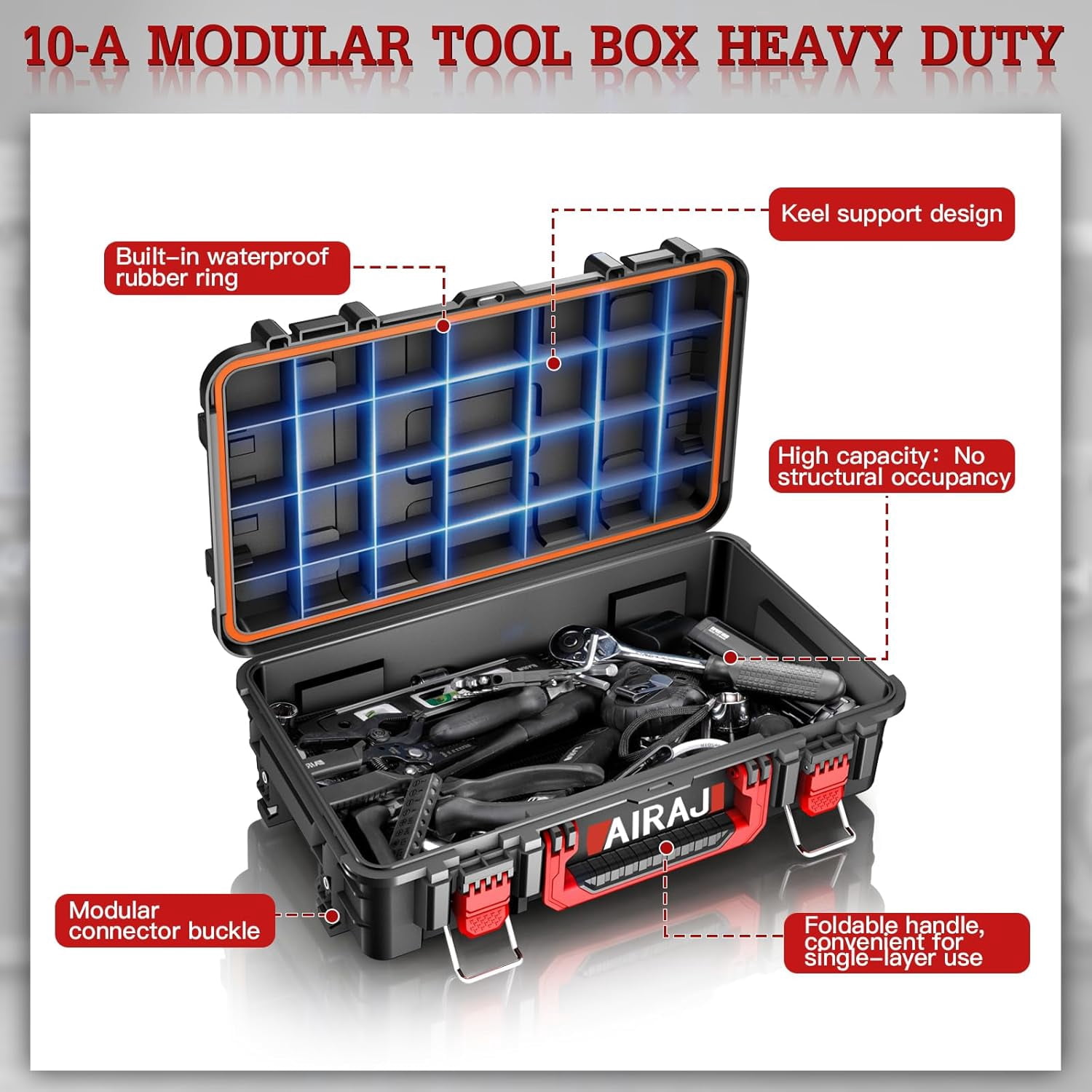 AIRAJ Rolling Modular Stackable Tool Box Organizer with Wheels,Waterproof Toolbox for Hand/Power Tools,Removable Divider/Parts Box,All-Terrain Durable Wheels,Telescopic Pull Rod Handle