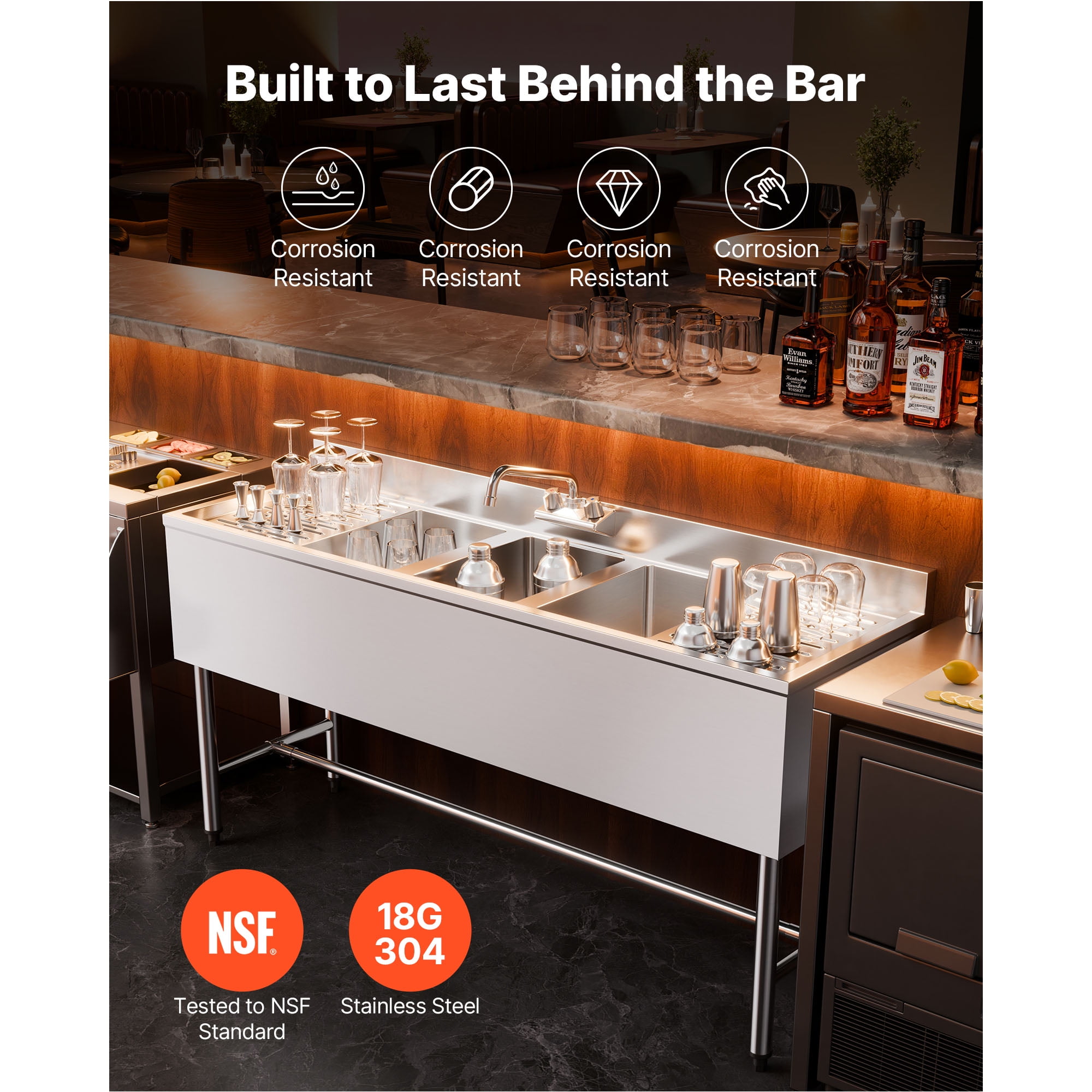 KFFKFF 3 Compartment Stainless Steel Sink, 18-Gauge 304 Material, 10" x 14" x 10" Bowls, Commercial Under Bar Sink with Dual Drainboards and Backsplash for Kitchen, Restaurant, Food Truck