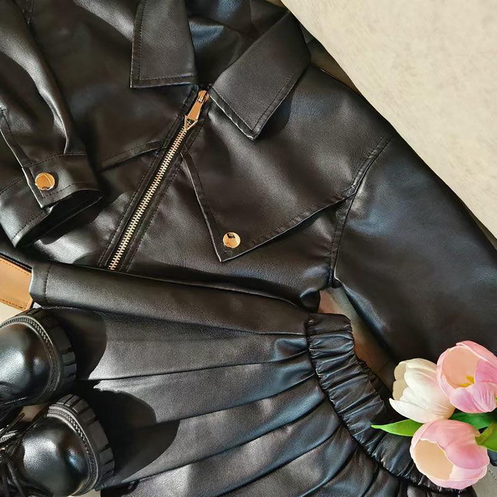 TYGHBN Girls' Leather Coat Pleated Skirt 2024 Autumn New Korean Fashion Cool Casual Jacket Children's Motorcycle Clothing Crop Top and Sweatpants Little Girl Outfits Baby Blankets for Girls Baby Girl
