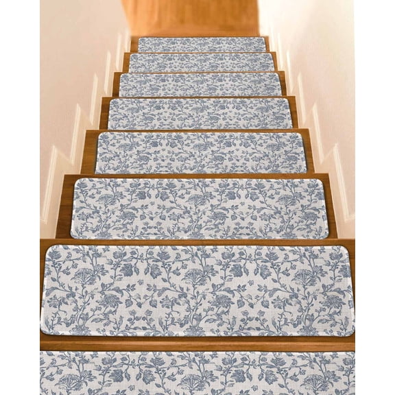 Stair Treads for Wooden Steps, Blue Floral Peel and Stick Stair Treads with Adhesive, Farmhouse Vintage Flower Leaf Botanical Non Slip Indoor Stairs Runner Rugs Mats for Elders Dogs 8"x30"10PCS