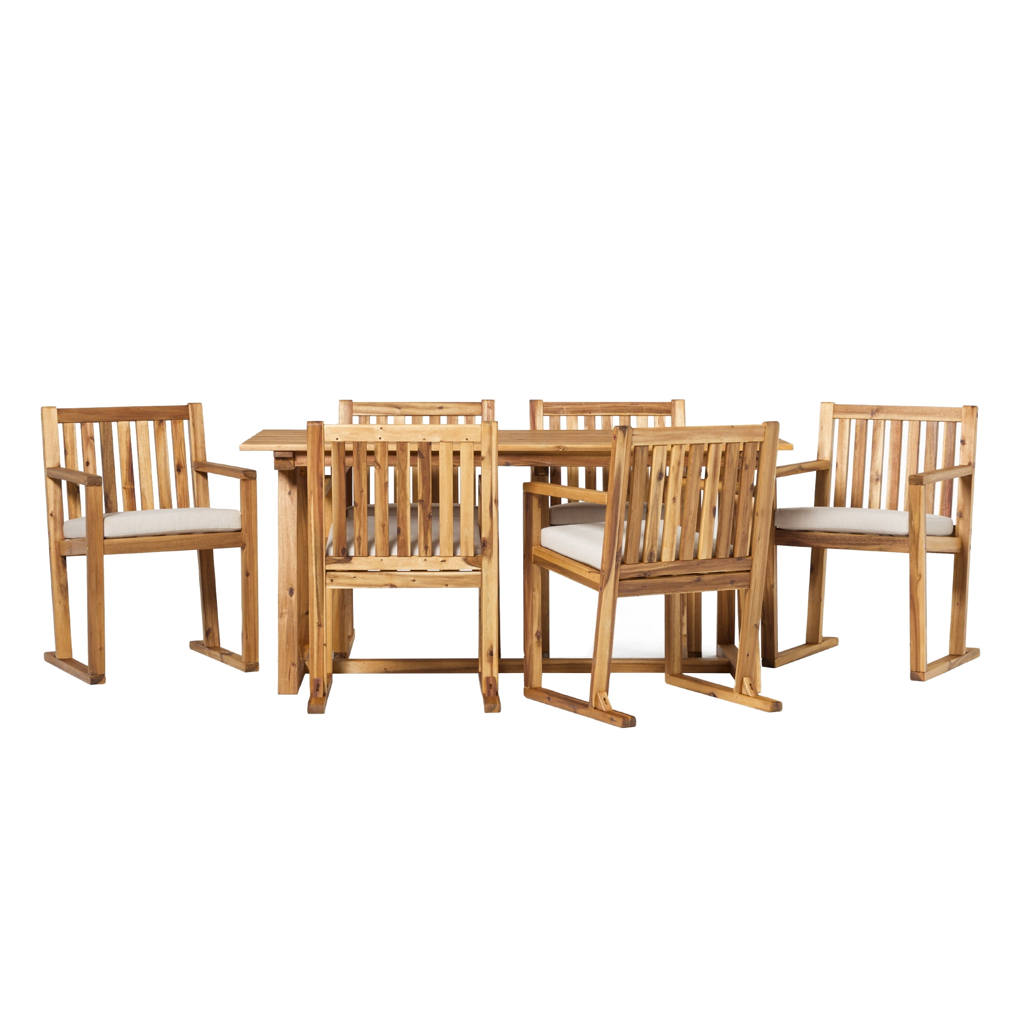 Walker Edison Modern 7-Piece Solid Wood Outdoor Dining Set, Natural