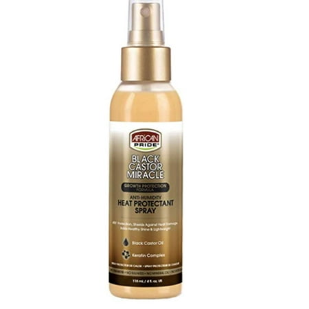 African Pride Black Castor Miracle Anti-Humidity Heat Protectant Spray - 400°F Heat Protection, Shields Against Heat Damage, Contains Black Castor Oil and Keratin Complex, 4 (Best Heat Protectant For African American Natural Hair)
