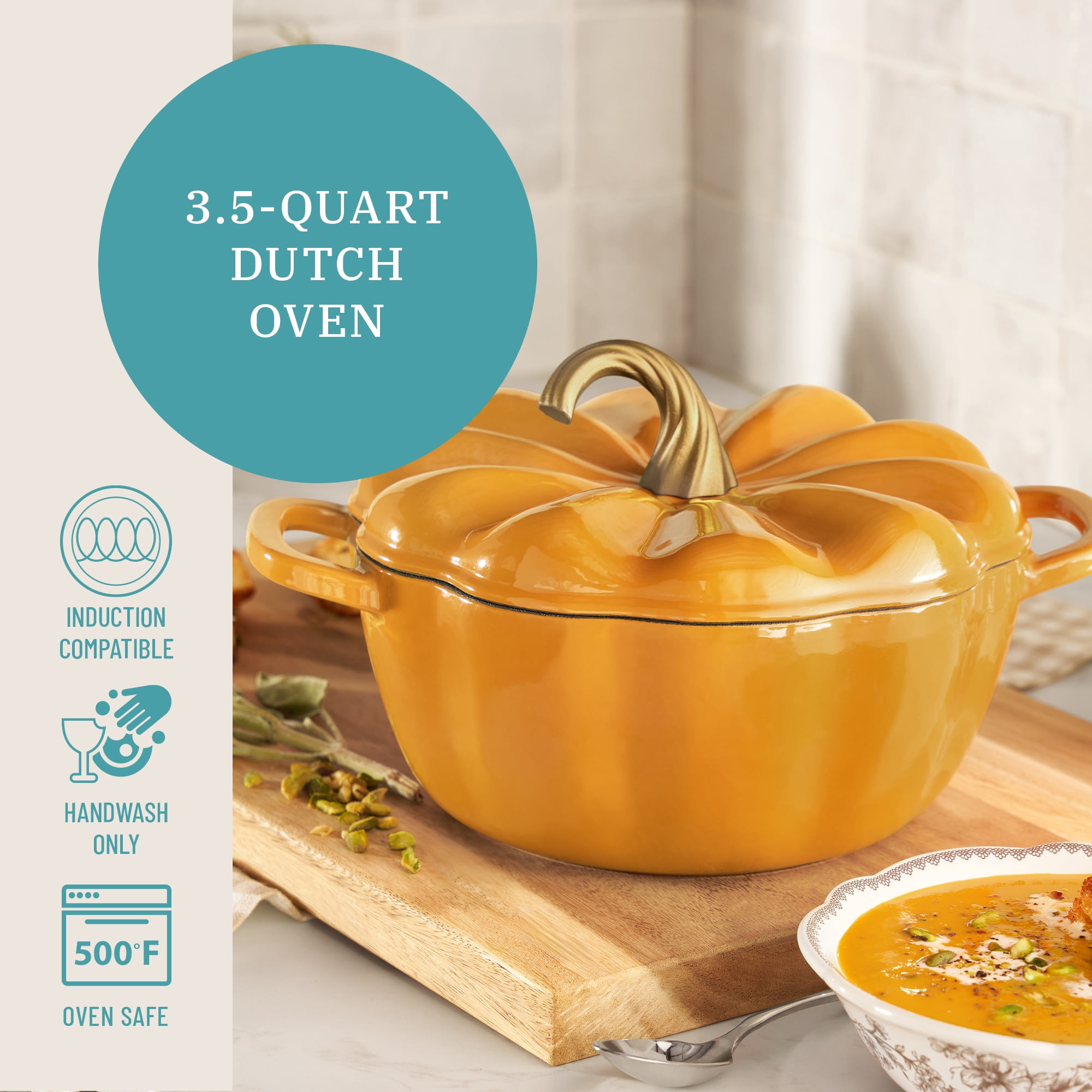 The Pioneer Woman 3.5-Quart Pumpkin Enameled Cast Iron Dutch Oven, Ochre