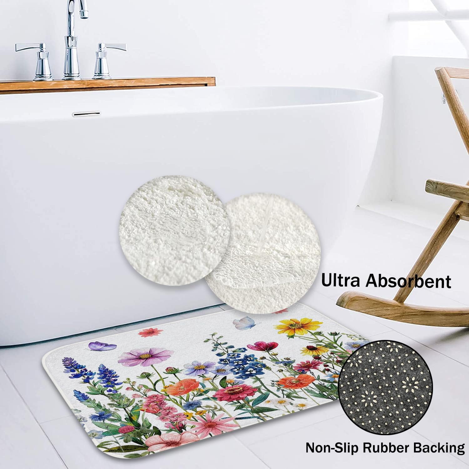 Spring Wildflower Bath Mat Non Slip Entrance Mat Summer Garden Decoration Colored Floral Butterfly Bathroom Tub Rugs Extra Soft and Water Absorbent Door Mat Floor Mats 17.5x29.5 Inch