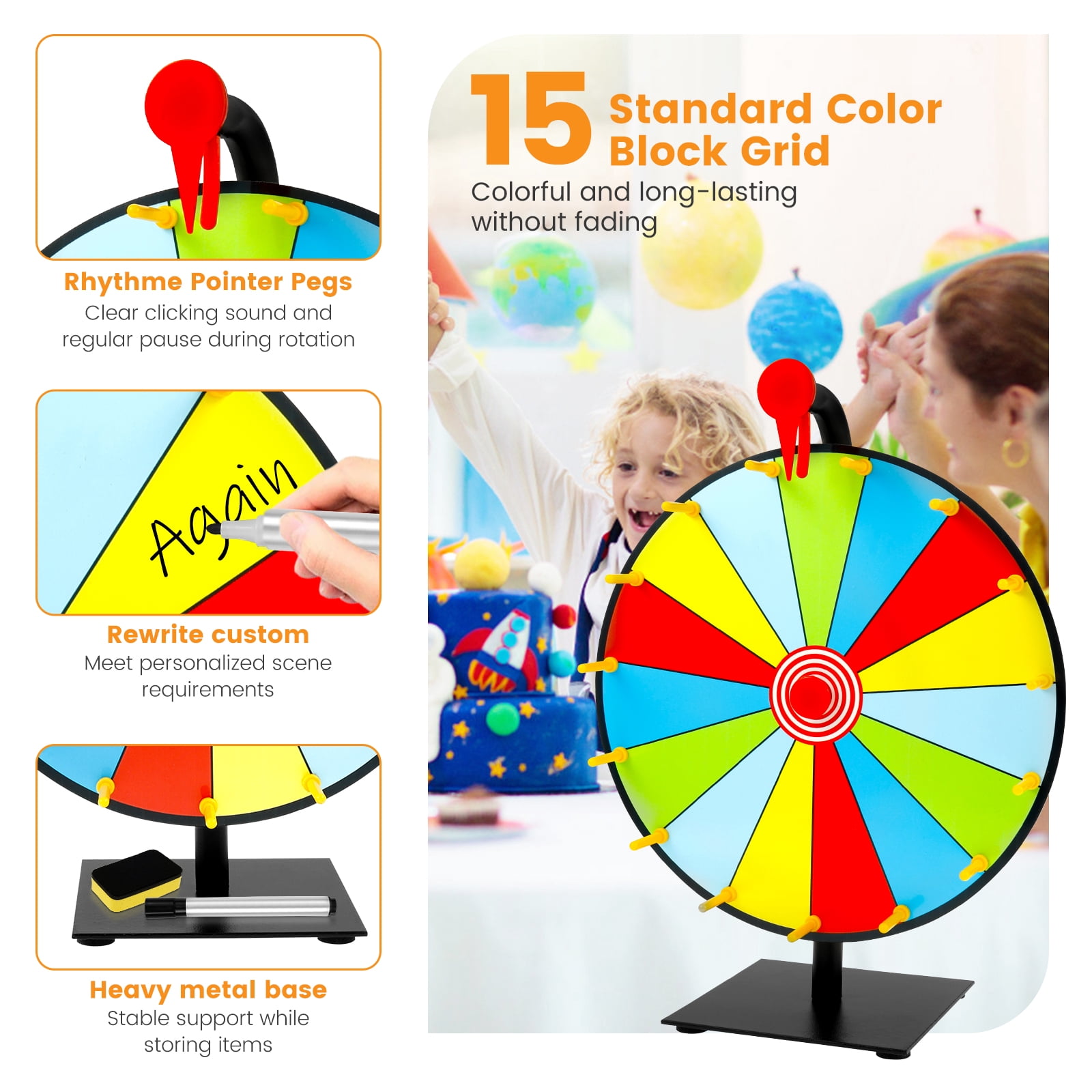 15 Grids Prize Wheel DIY Interactive Spin Wheel with Board Eraser and Pen Erasable Tabletop Roulette Spinner for Home Trade Show Carnival Party