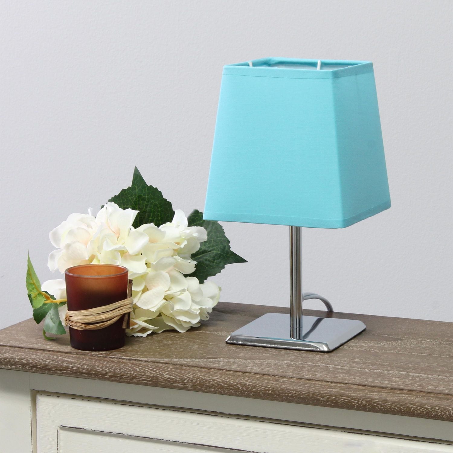 Simple Designs Mini lampe de table chromée avec abat-jour carré en tissu Empire