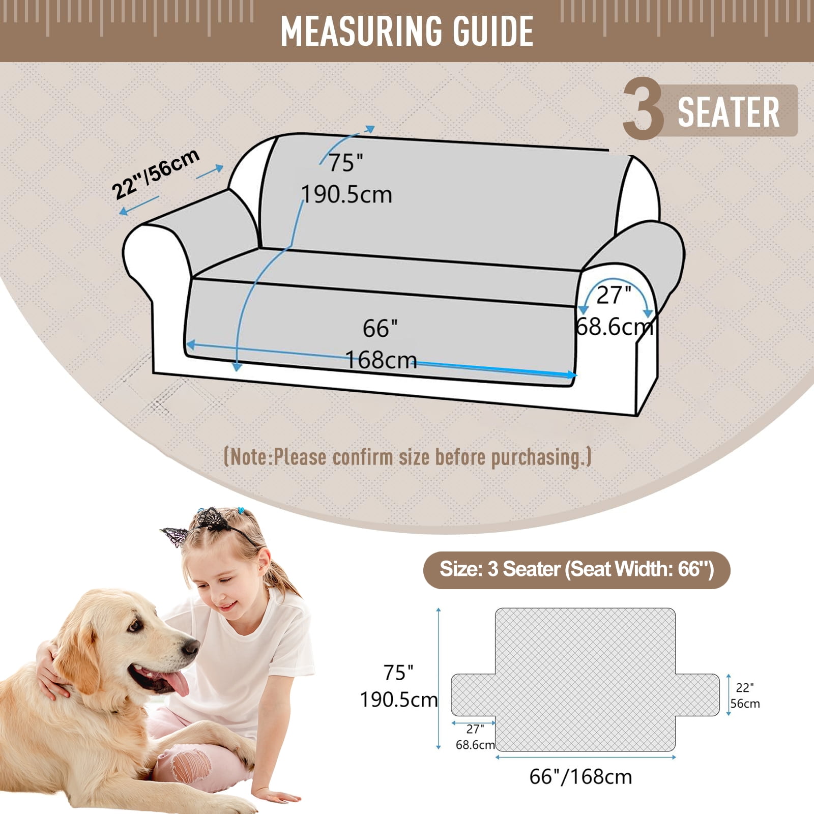 Sanmadrola Sofa Cover 100% Waterproof Couch Slipcovers Washable Non-Slip Furniture Protector with Pockets/Elastic Straps/Silicone Backing for Kids Pets Dogs, Khaki, Sofa