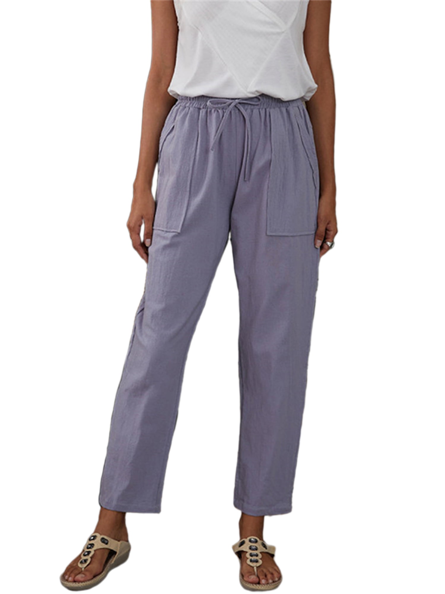 UKAP - Women's Casual Pocket Lounge Trousers Cotton and linen Elastic ...