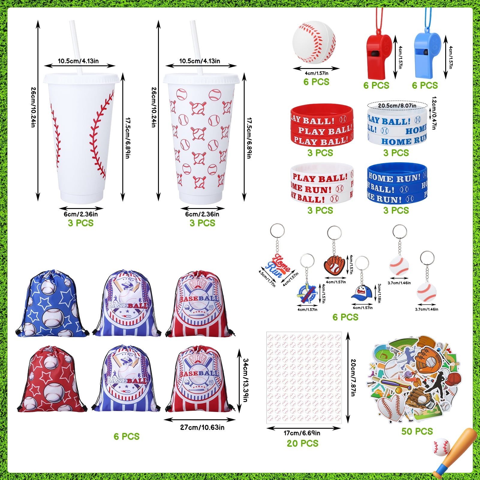 sixwipe 99 Pcs Baseball Party Favors, Baseball Goodie Bag Stuffers with Mini Stress Balls, Baseball Party Cups, Keychains, Stickers Bulk for Baseball Themed Birthday Party Supplies, Classroom Reward