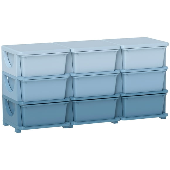 Qaba Organisateur de Jouets pour Enfants à 3 Niveaux avec 9 Bacs de Rangement en Plastique, Bleu