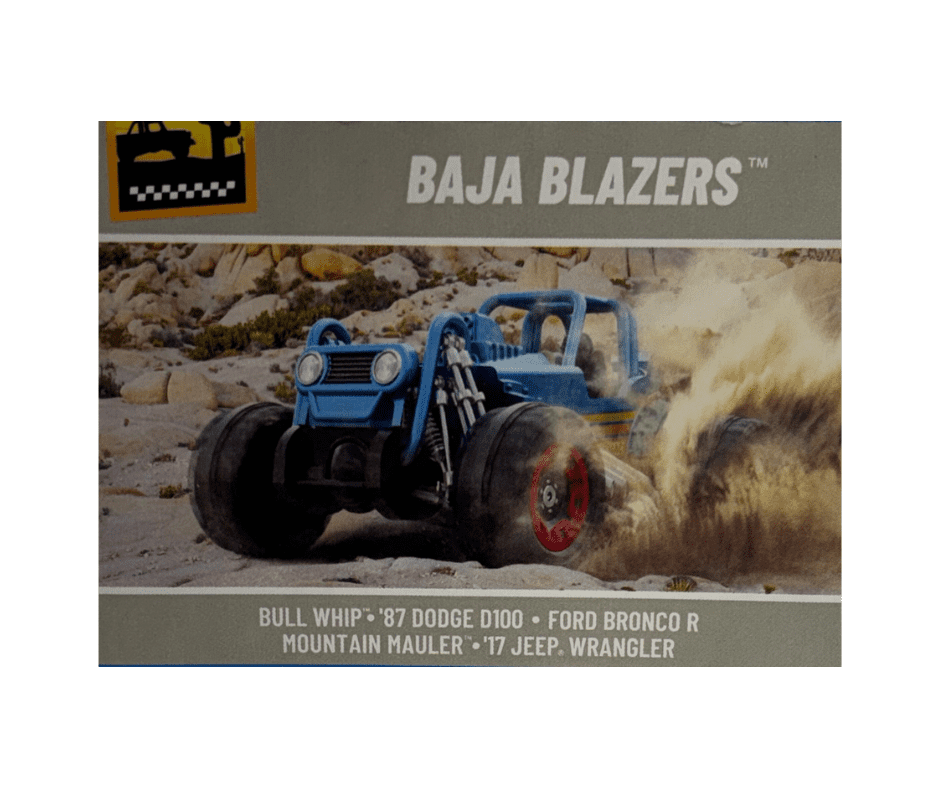 Hot Wheels Baja Blazers 5-Pack – 1:64 Scale Die-Cast Cars, Bull Whip, ’87 Dodge D100, Ford Bronco R, Mountain Mauler & ’17 Jeep Wrangler