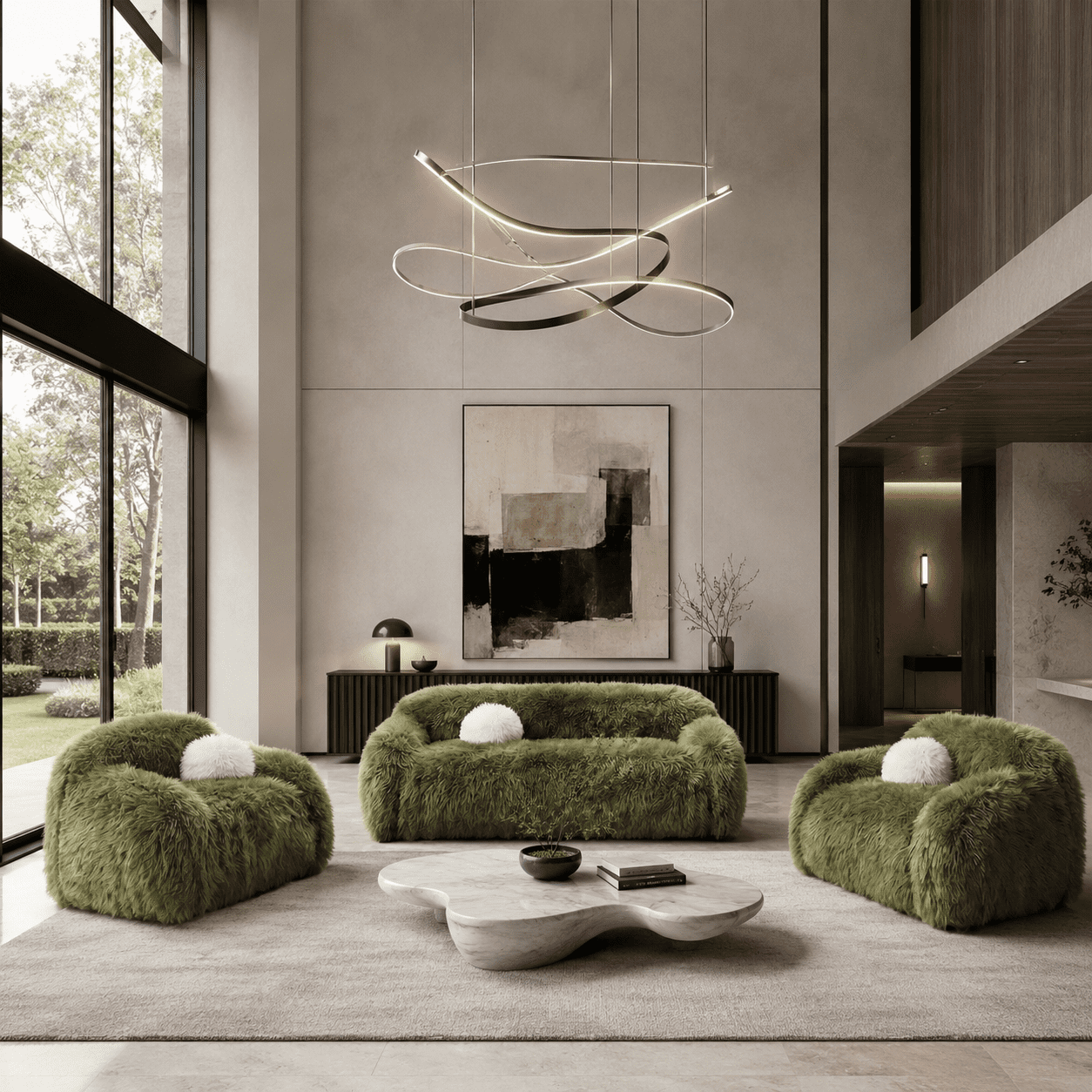Aenkyo 84 Inch Plush Faux Fur Sofa, 25 Inch Deep Seat 3-Seater Couch with Ball Pillow, Green