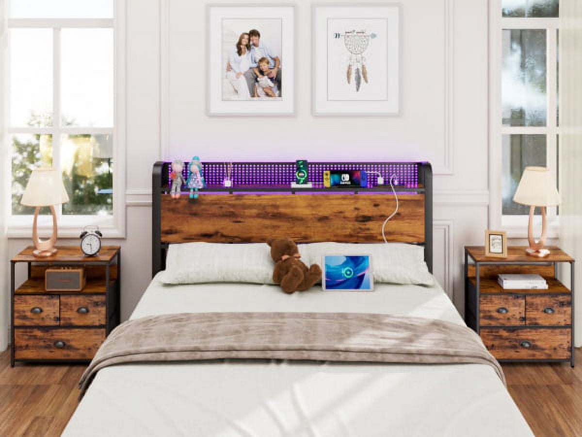 Furnulem Queen Bed Frame with LED Lights, Storage Headboard with Charging Station & USB Port, Metal Mesh Platform Bed Frame with 1000lbs Support, Noise Free