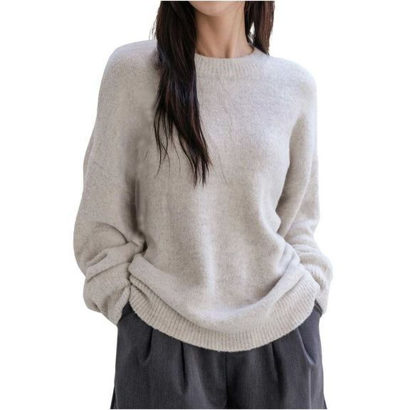 Yangnuo Fall Sweaters for Womens Ladies' Casual Solid Color Round Neck Long Sleeved Knitted Sweater Top