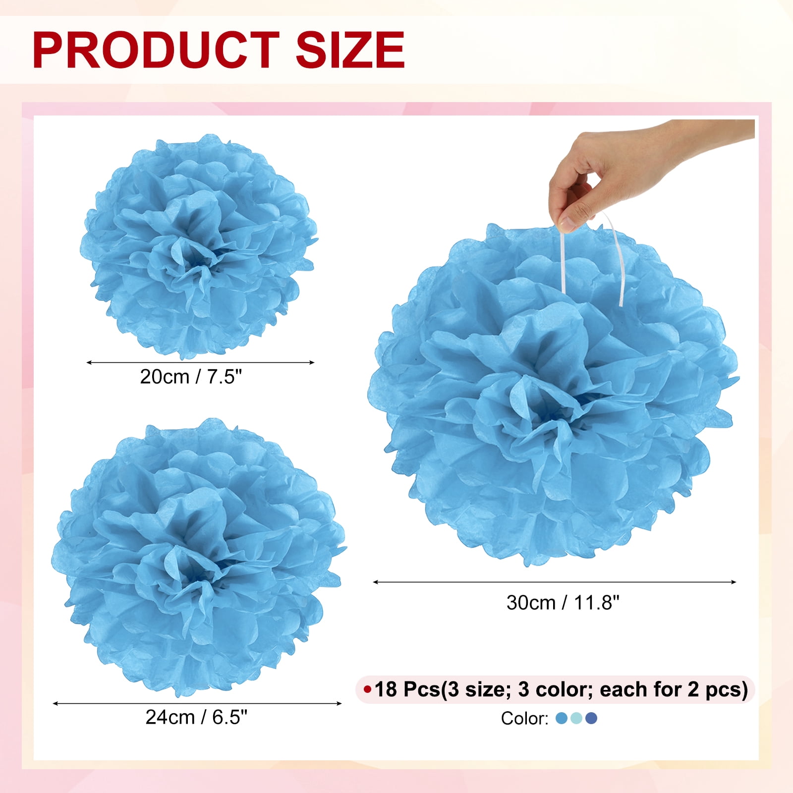 8" 10" 12" Tissue Paper Pom Poms, 18PCS Pom Poms Paper Flowers Ball Tissue Paper Flowers Assorted Size for Wedding Bridal Shower Birthday Party Backdrop Decoration, Blue Tone