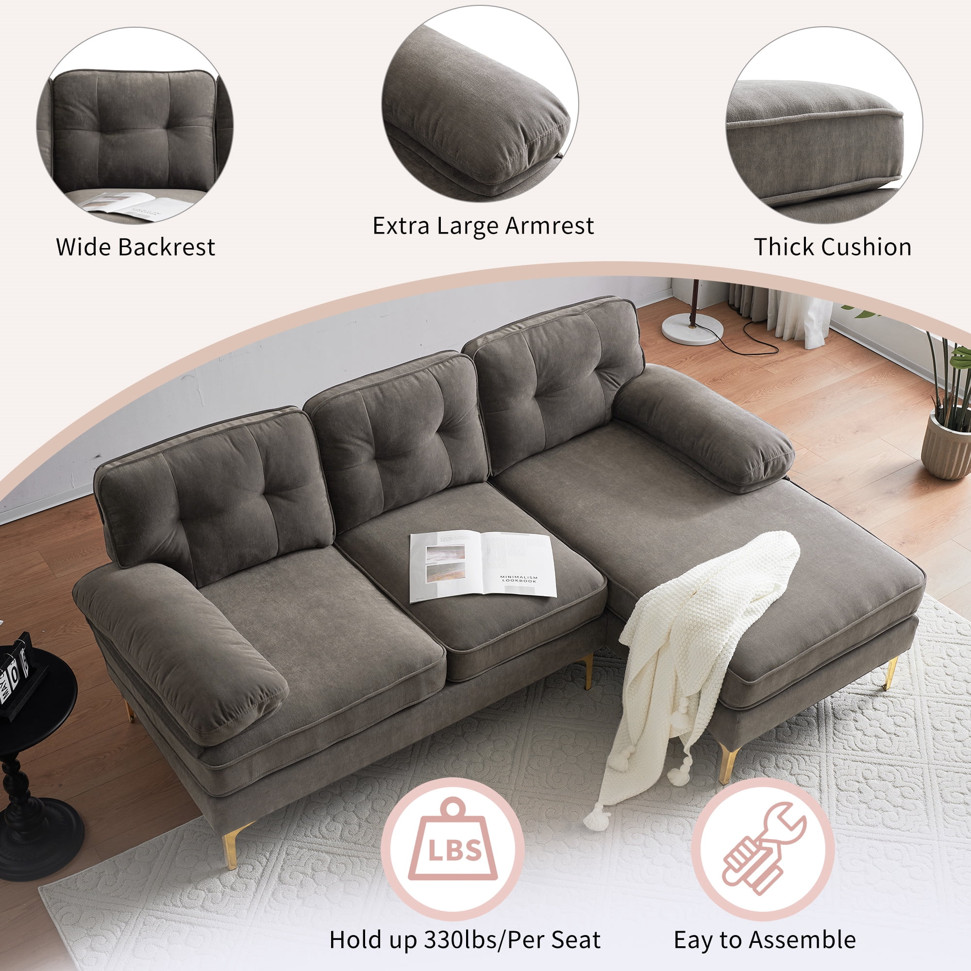 Aukfa 83" Velvet Sectional Sofa, Tufted Couch with Chaise for Living Room, Pillow Top Arm, Brown